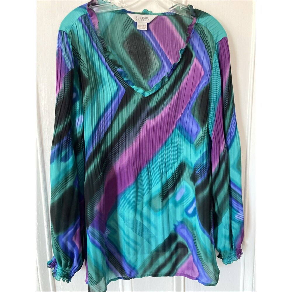 Allison Taylor Shirt Women's Large Comfort 70s style BRIGHT MULTI COLOR Good Con